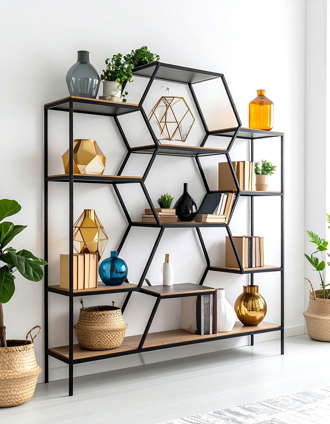 Modern Asymmetrical Living Room Geometric Shelves - 30 living room wall shelf decor ideas