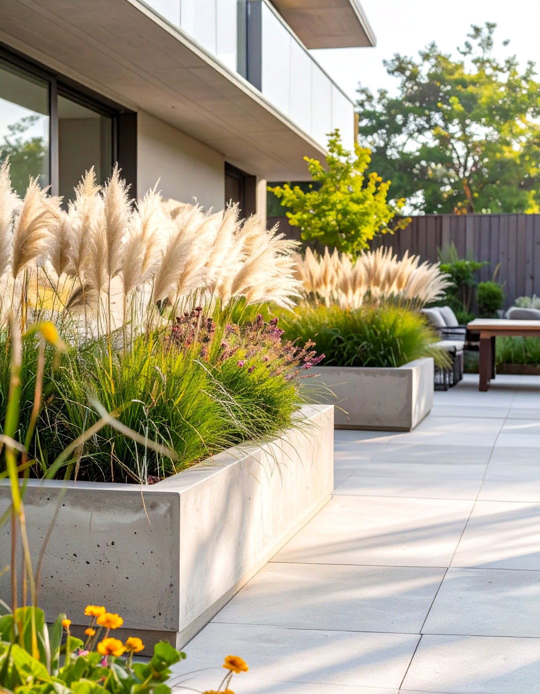 Modern Cement Patio with Integrated Planters - 30 cement patio ideas