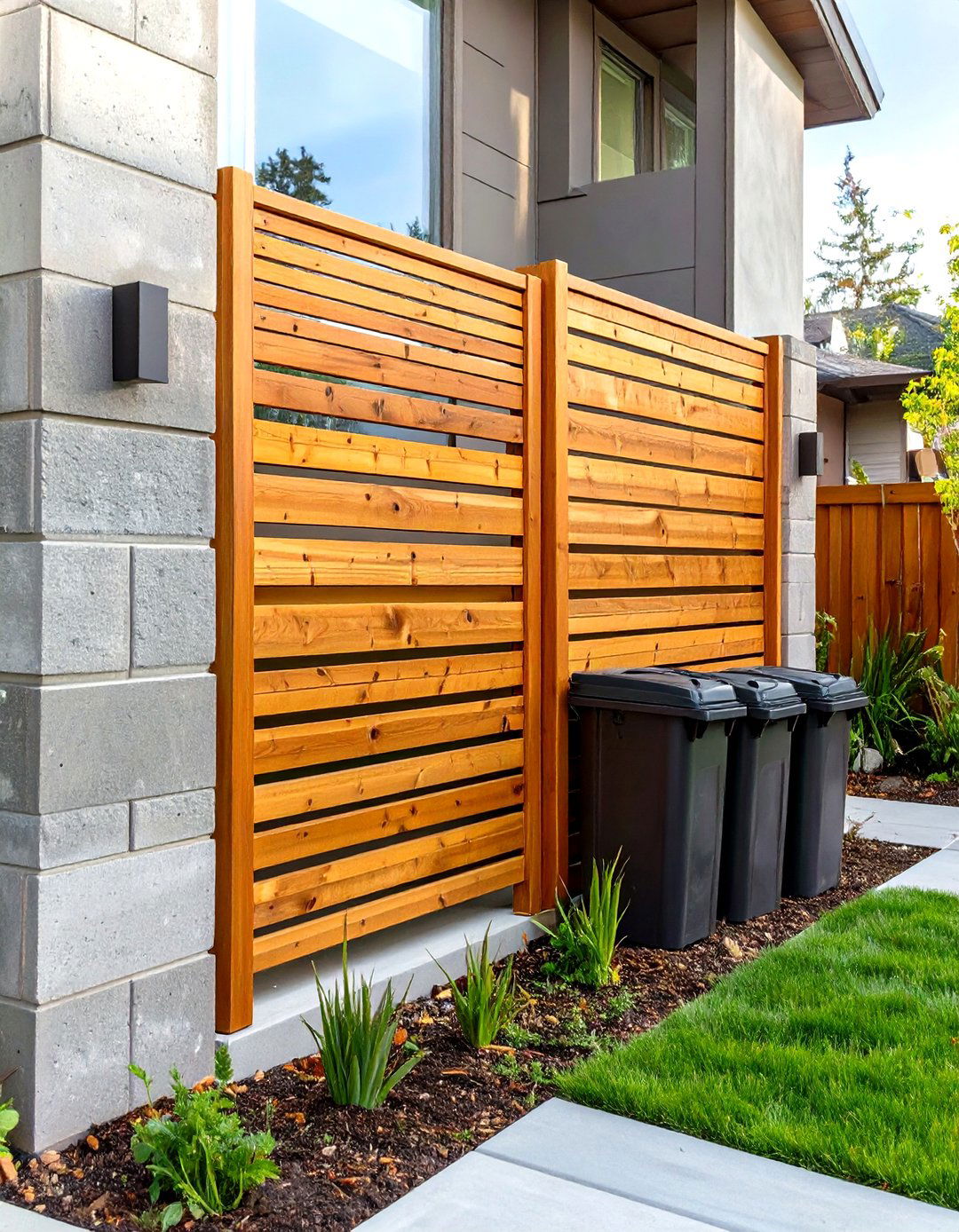Modern Cinder Block and Wood Slat Screen - 30 outdoor garbage can storage ideas