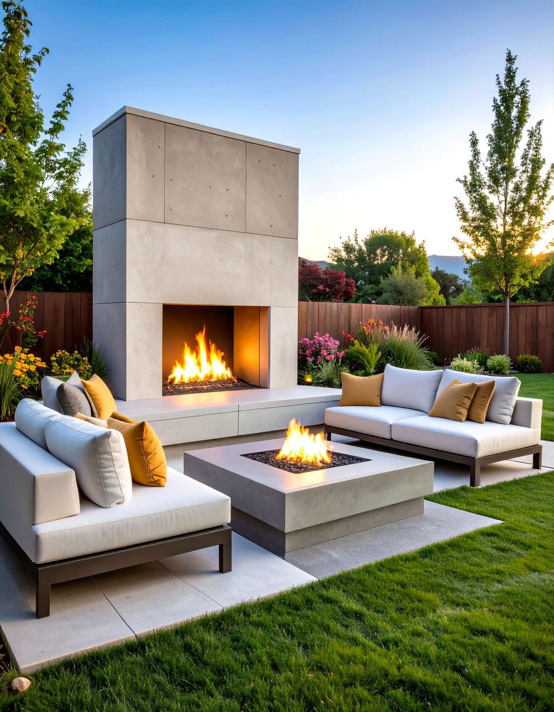 Modern Concrete Fire Feature - 30 backyard fireplace ideas