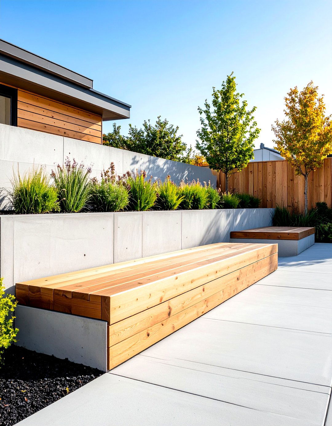 Modern Concrete Retaining Wall with Wood Accents - 30 front yard retaining wall ideas