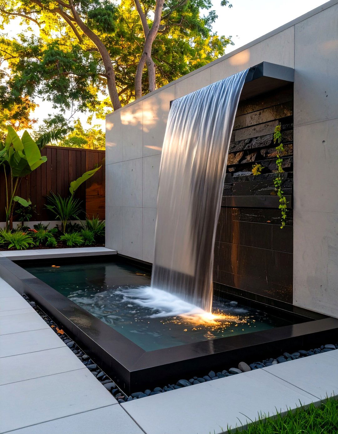 Modern Concrete Water Wall - 30 backyard waterfall ideas
