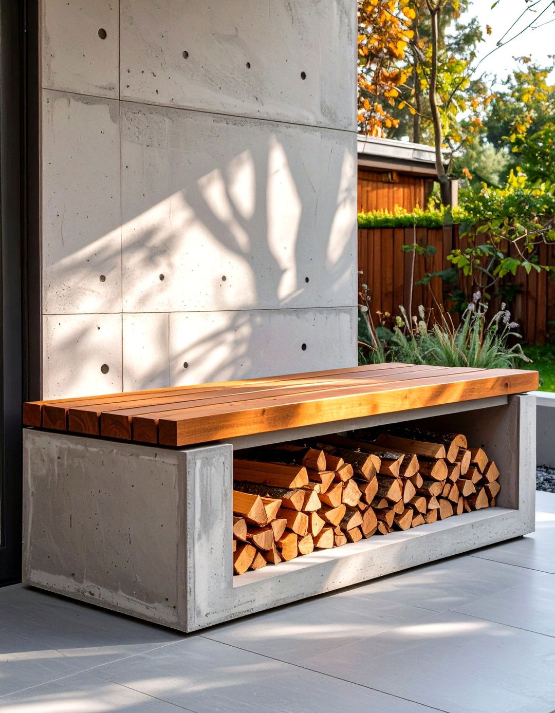 Modern Concrete and Wood Storage Bench - 30 outdoor firewood storage ideas