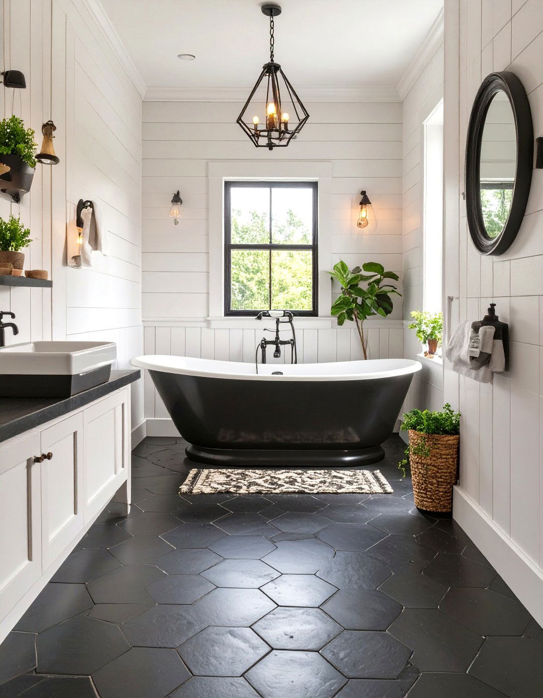 Modern Farmhouse Bathroom with Shiplap - 30 black and white bathroom ideas