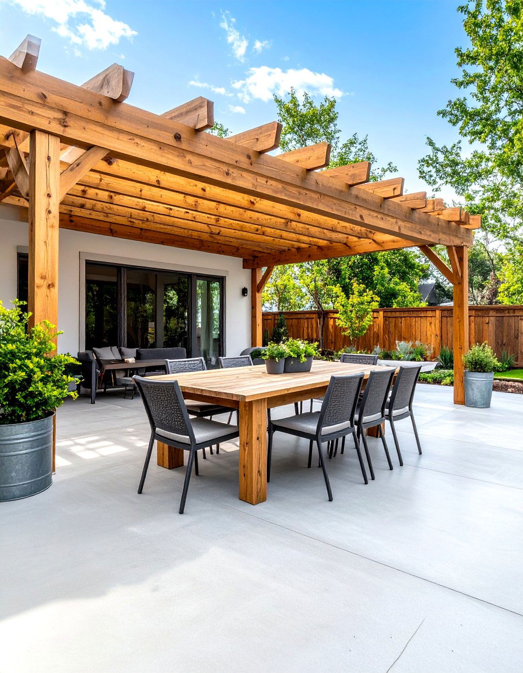 Modern Farmhouse Concrete Patio with Wood Accents - 30 backyard concrete patio ideas