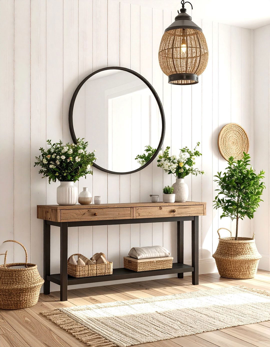 Modern Farmhouse Foyer with Shiplap - 30 foyer furniture ideas