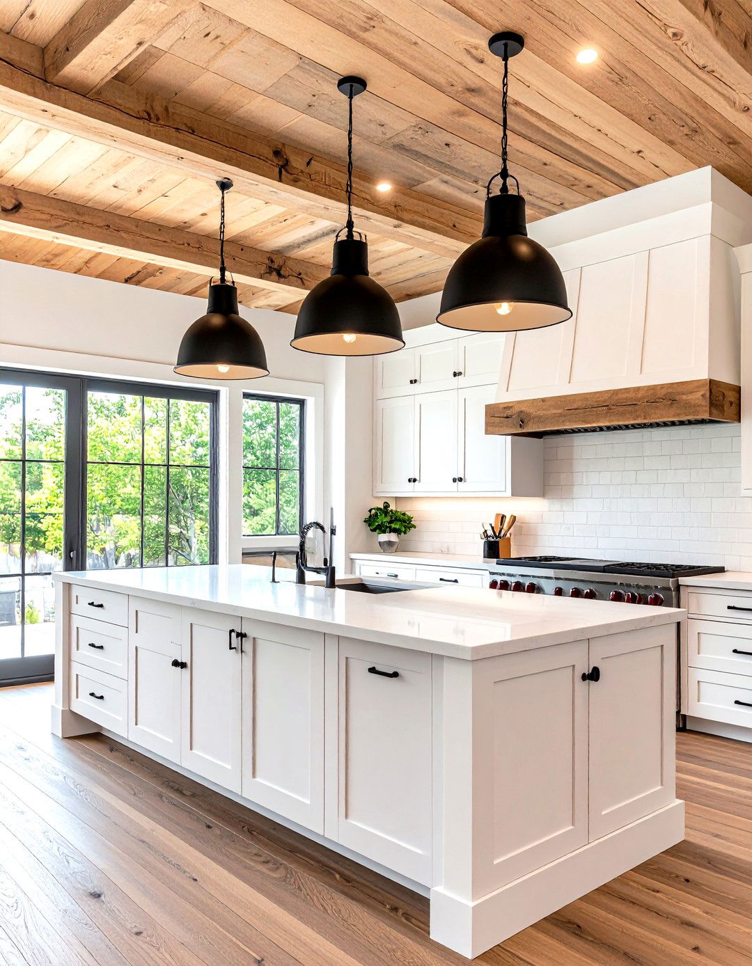 Modern Farmhouse Kitchen with Gooseneck Lights - 30 kitchen island lighting ideas