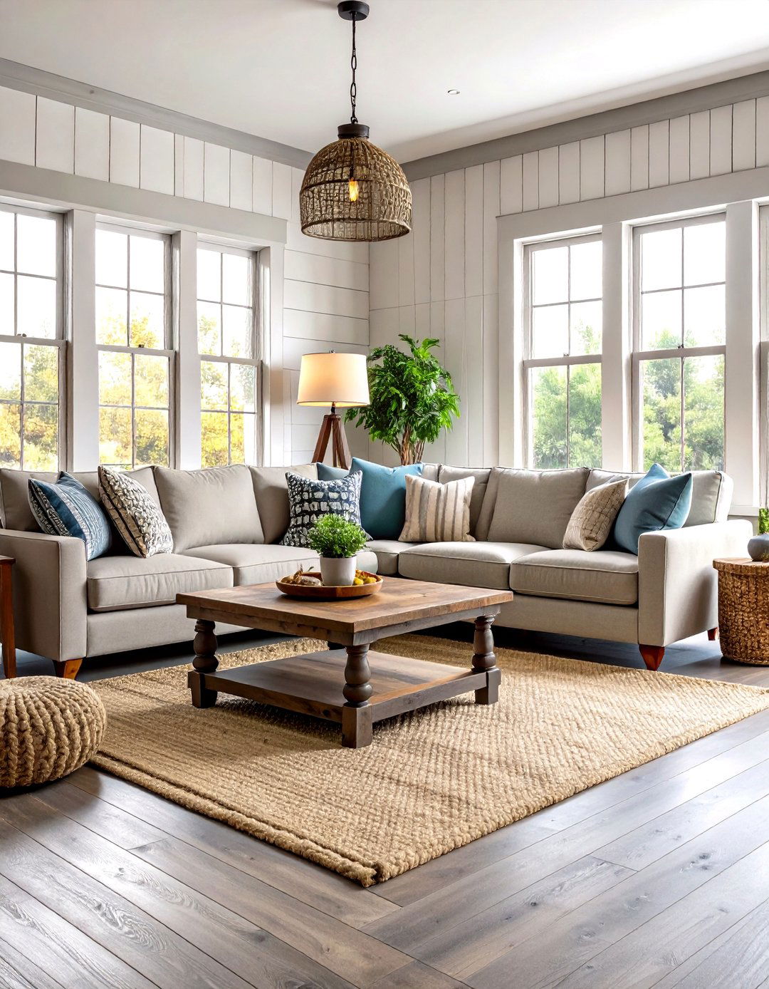 Modern Farmhouse Living Room with Weathered Grey Oak Floors - 30 grey flooring living room ideas