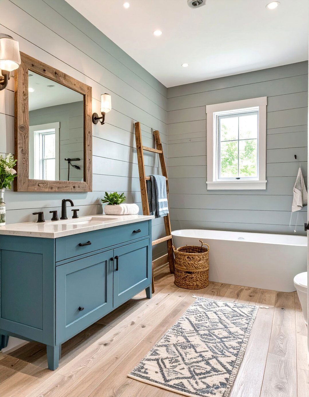 Modern Farmhouse with Cadet Blue and Dove Gray - 30 blue and gray bathroom ideas
