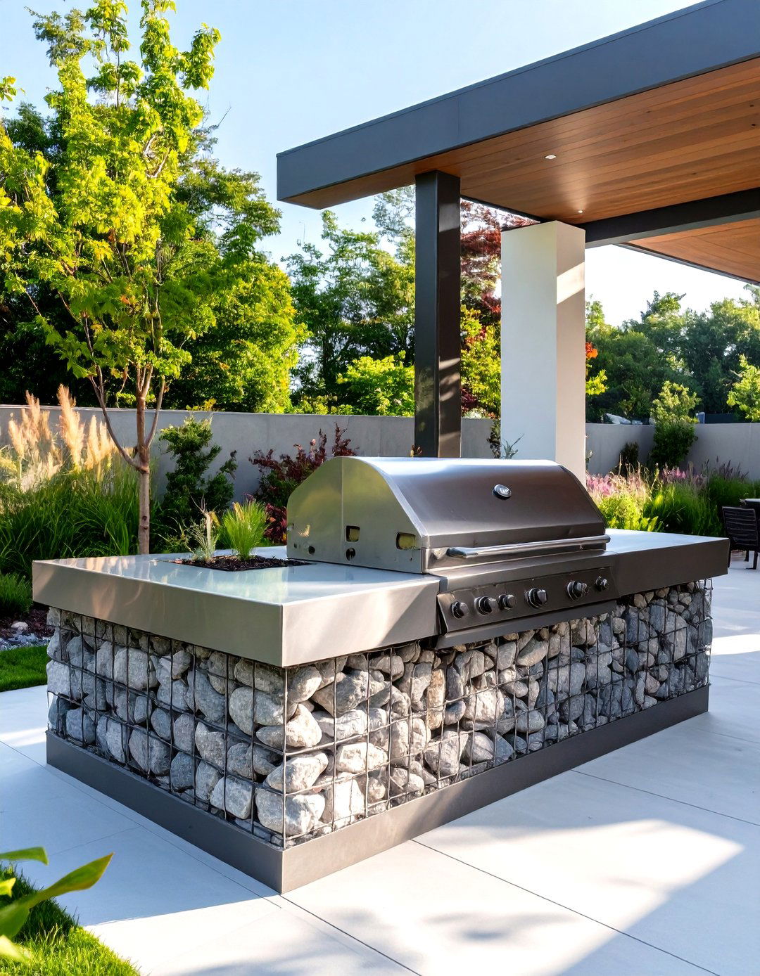 Modern Gabion Wall BBQ Island - 30 outdoor bbq ideas
