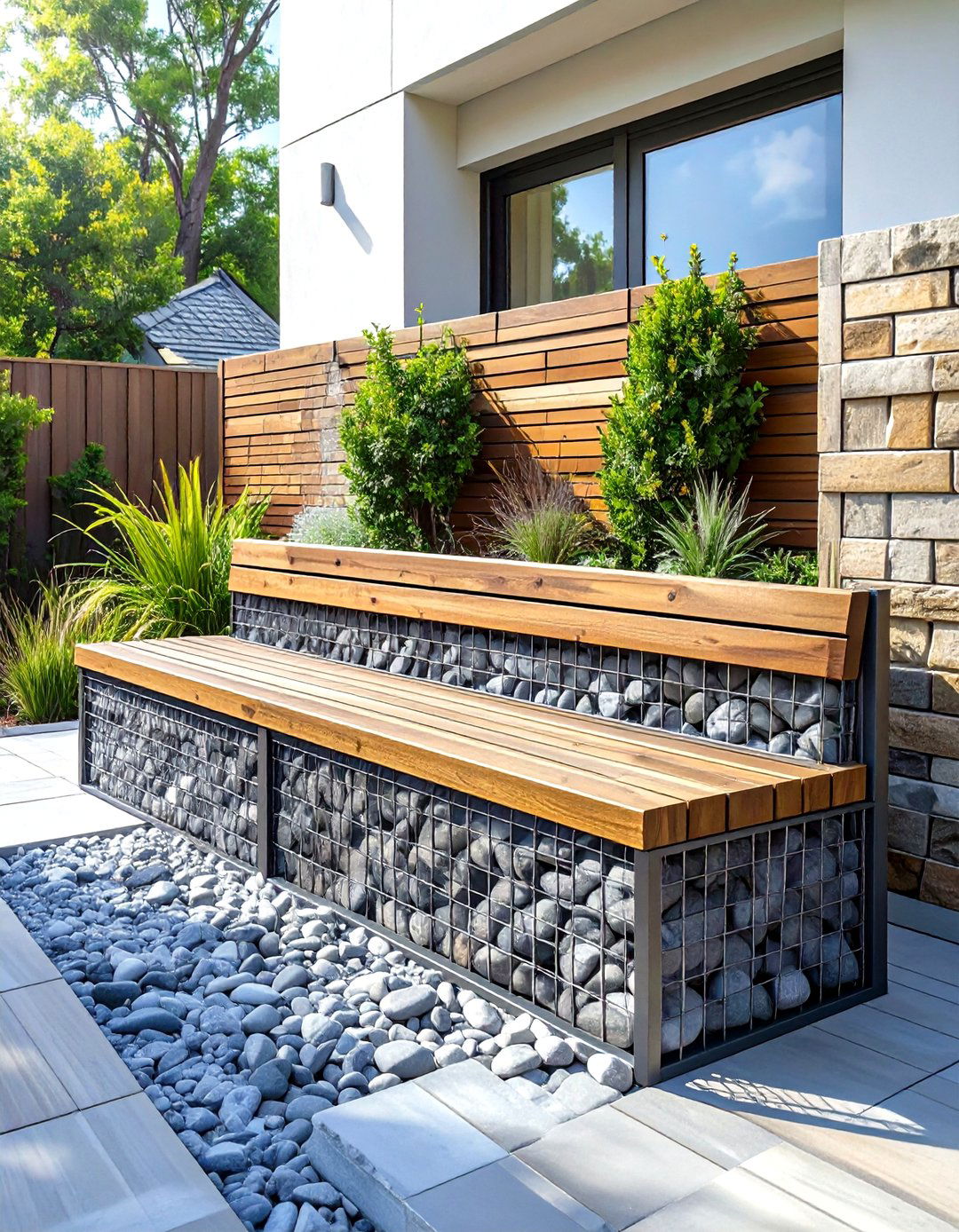 Modern Gabion Wall Bench - 30 outdoor bench ideas