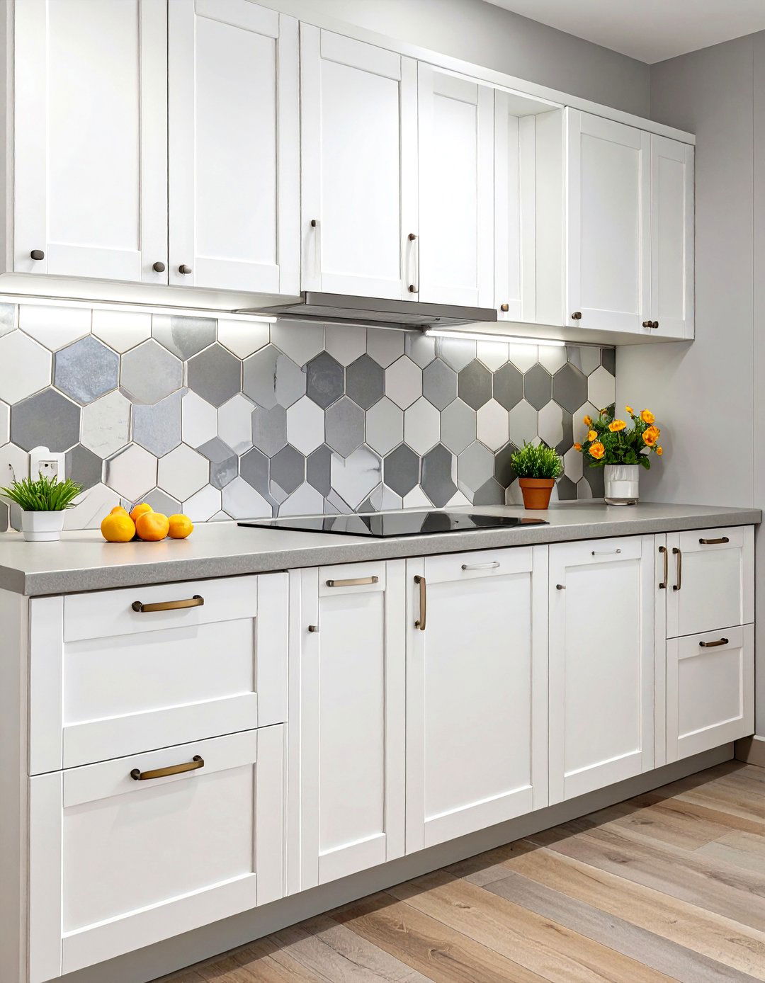 Modern Geometric Tile Backsplash - 30 white cabinet kitchen backsplash ideas