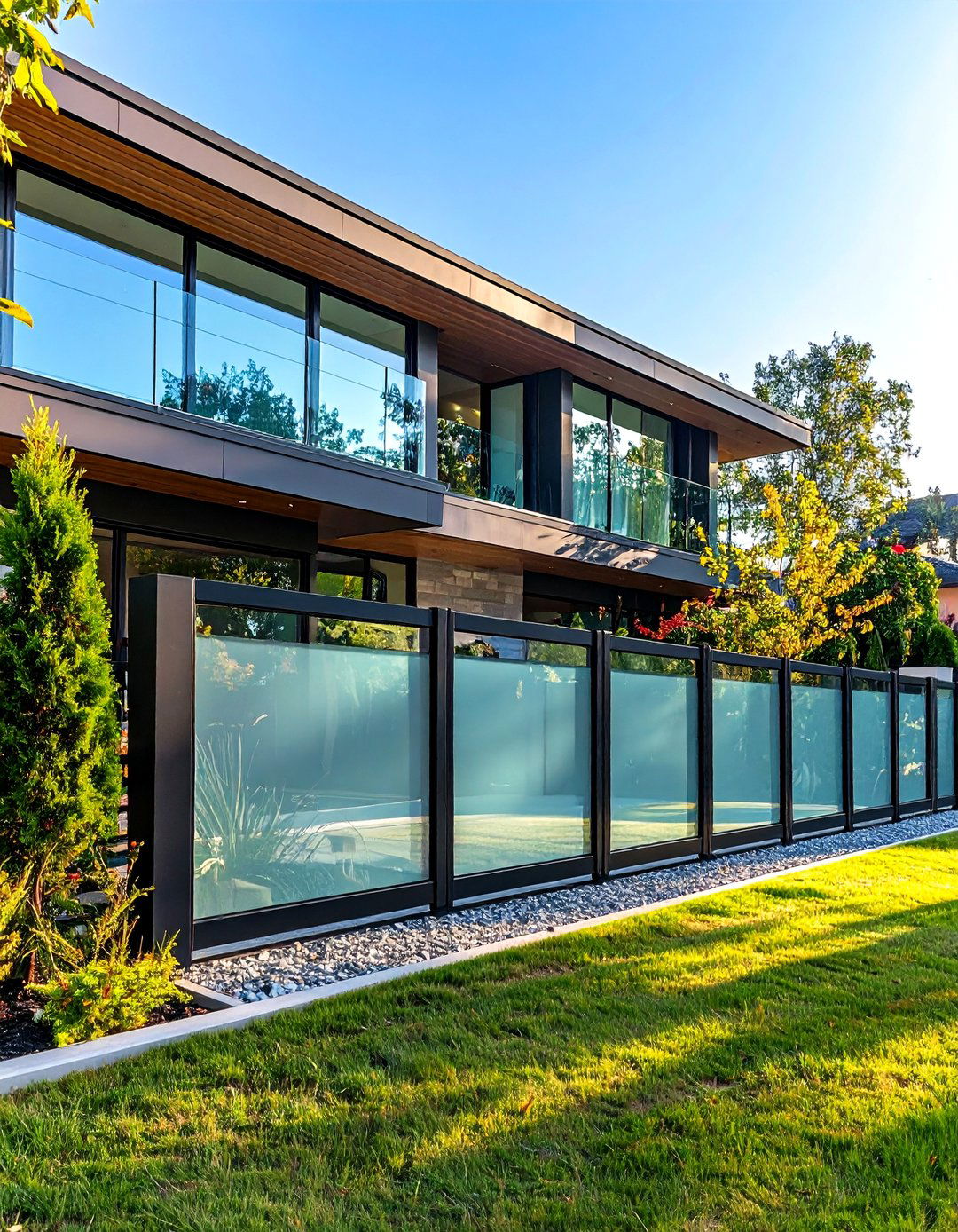 Modern Glass Panel Fence with Steel Frame - 30 front yard fence ideas with driveway