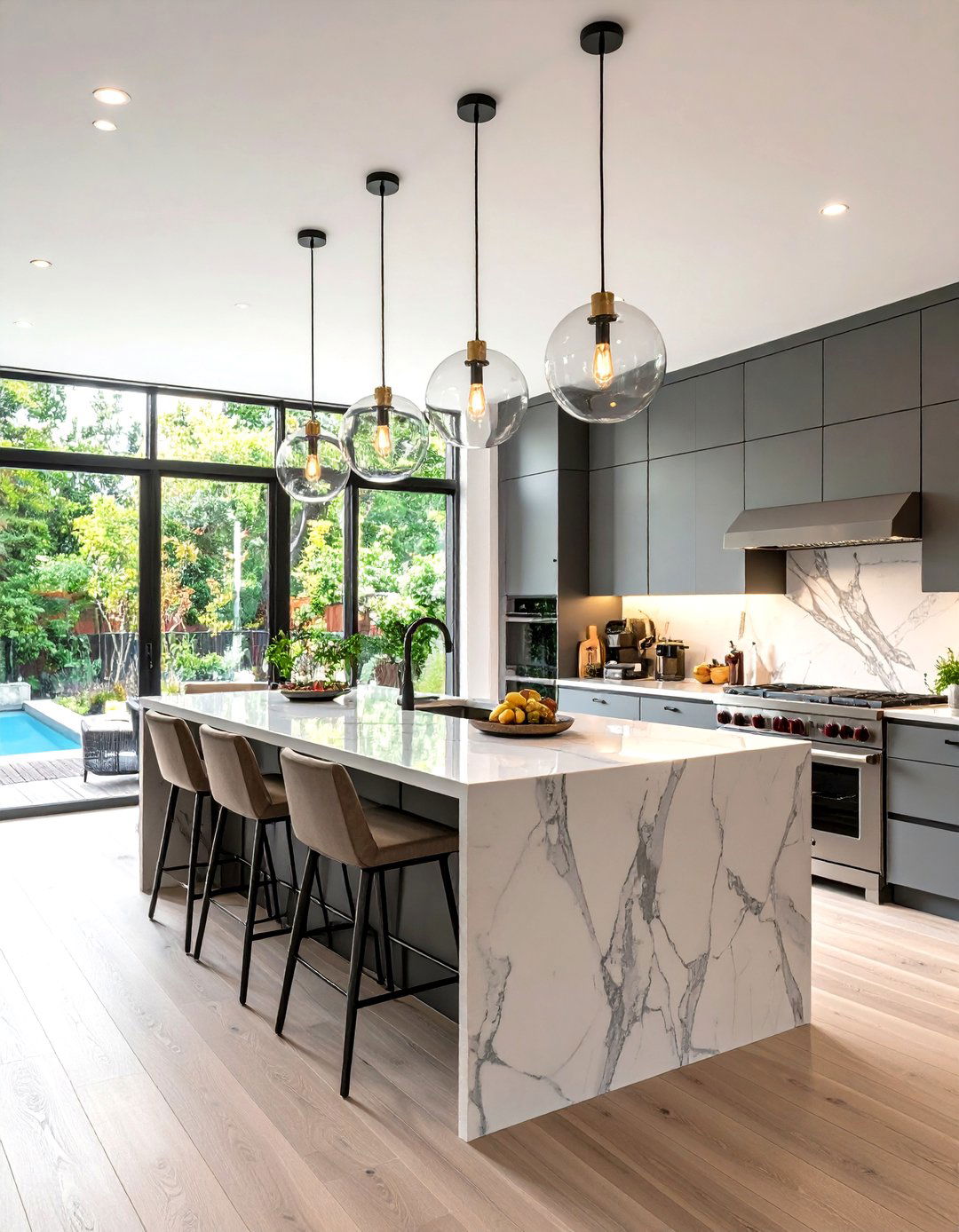 Modern Kitchen with Glass Globe Pendants - 30 kitchen island pendant lighting ideas