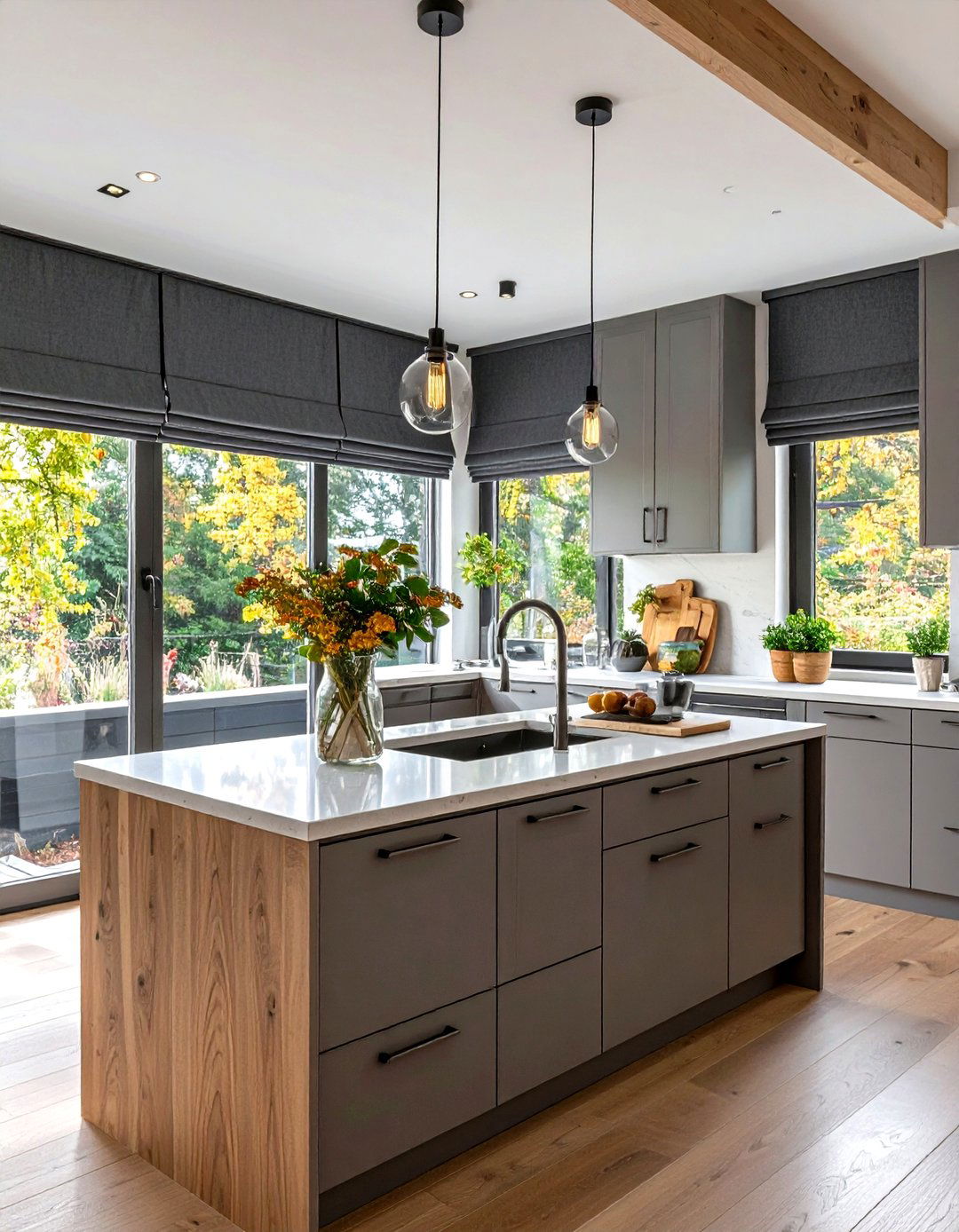 Modern Kitchen with a Flat Roman Shade - 30 kitchen curtain ideas above sink