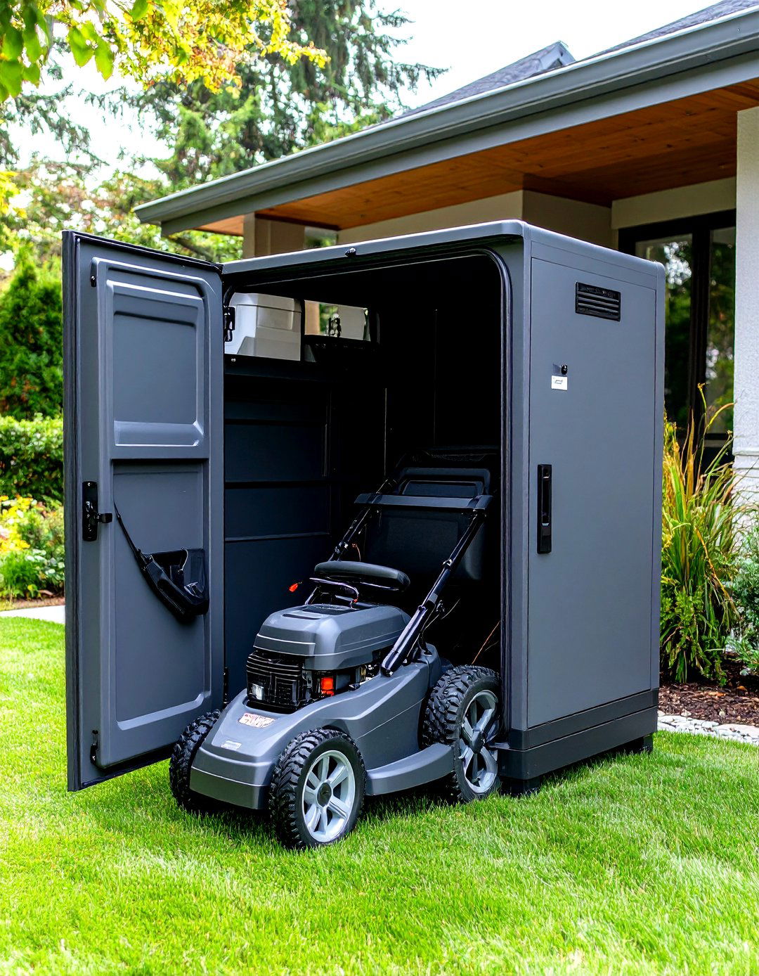 Modern Metal Storage Locker - 30 lawn mower storage ideas