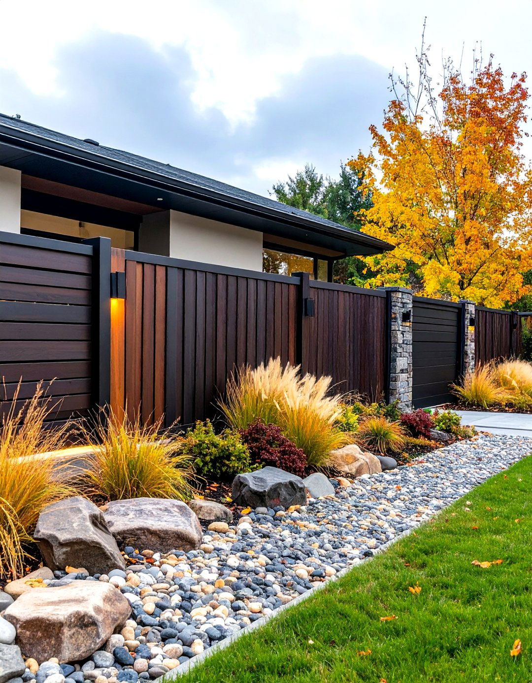 Modern Minimalist Horizontal Slat Fence - 30 front yard fence ideas with driveway