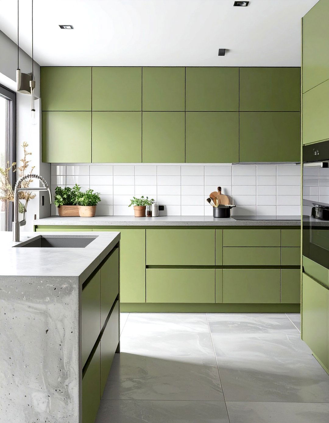 Modern Olive Green Kitchen with Concrete Countertops - 30 green kitchen cabinets ideas