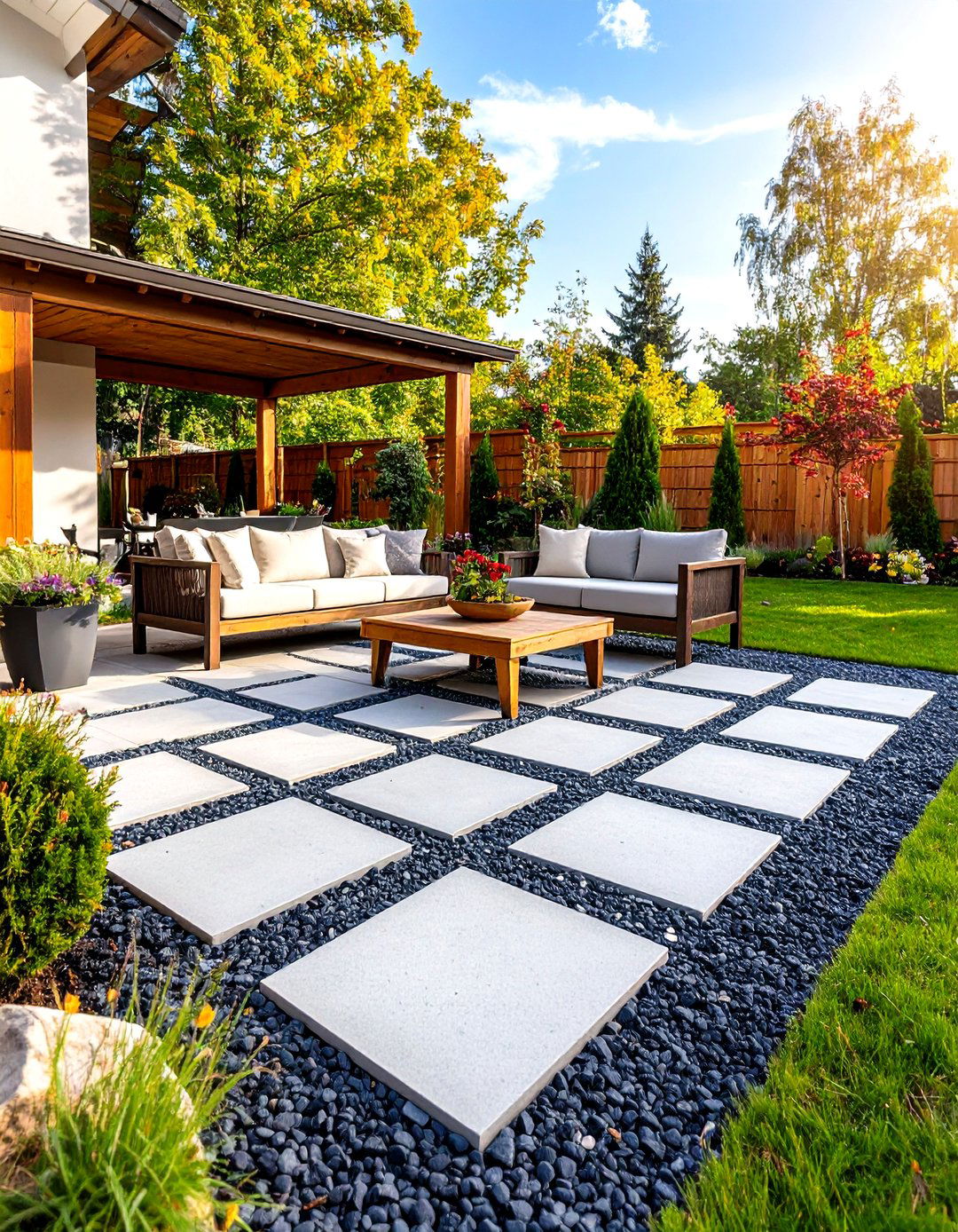 Modern Pea Gravel Patio with Concrete Pavers - 30 pea gravel patio ideas