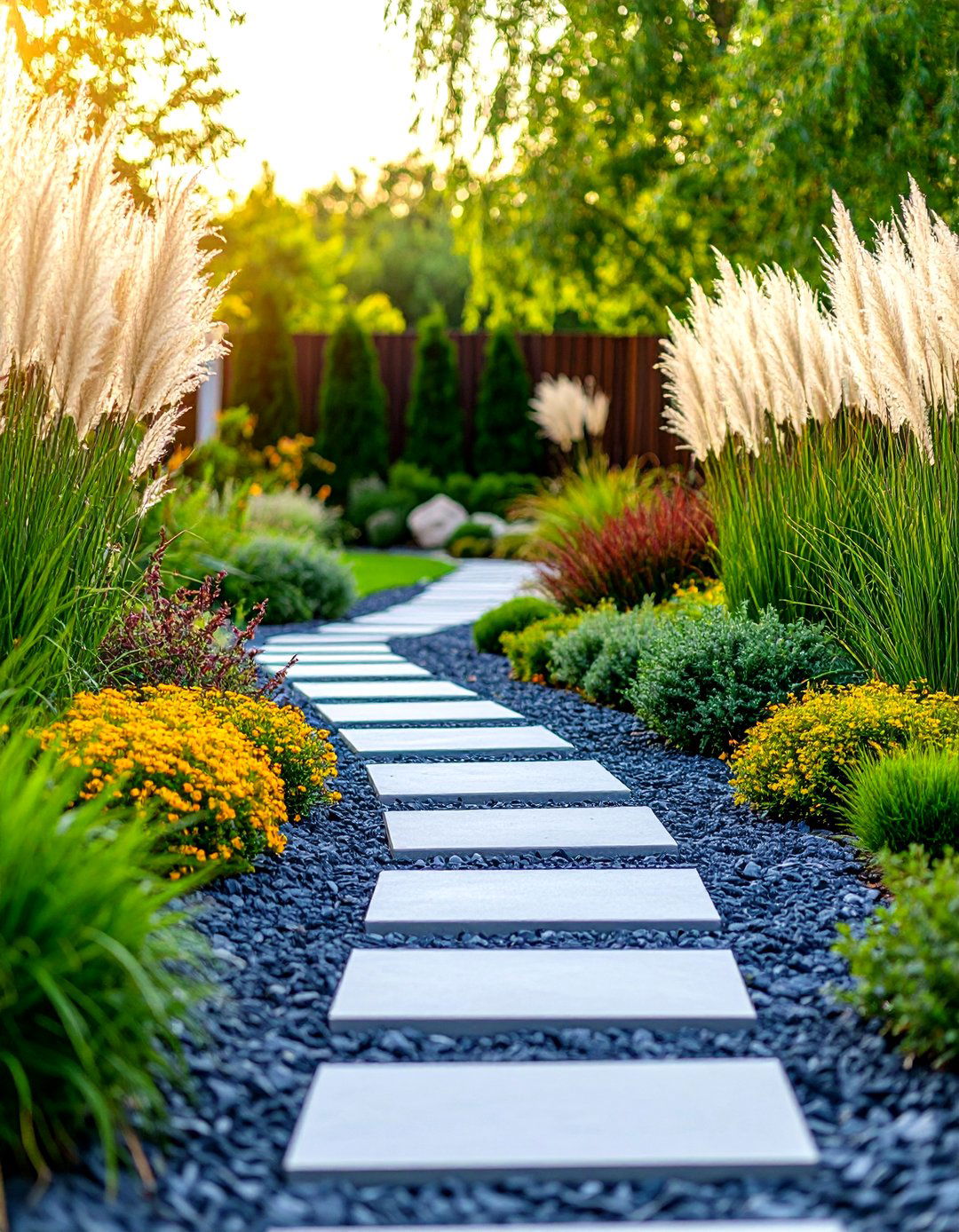 Modern Side Yard with Linear Gravel Design - 30 gravel landscaping ideas