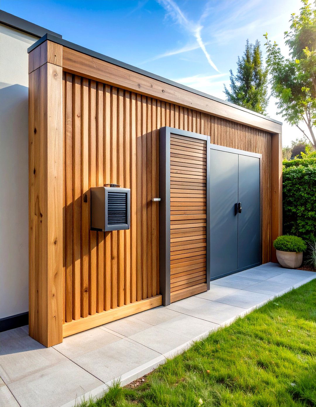 Modern Slatted Wood Hose Screen - 30 garden hose storage ideas