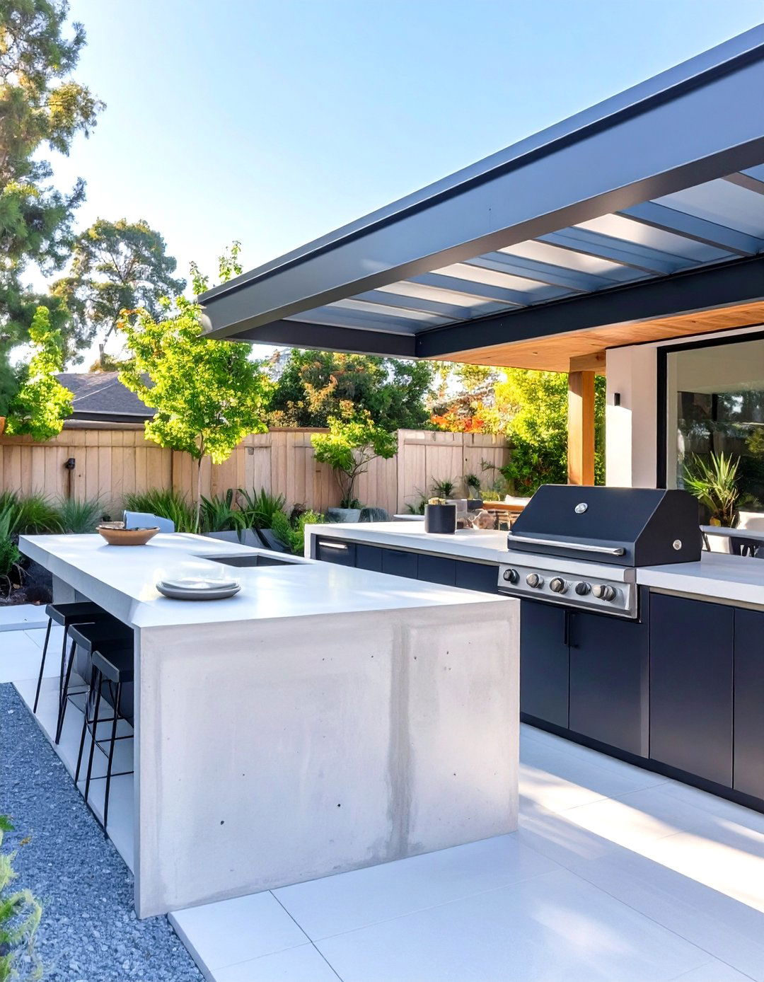 Modern Small Covered Outdoor Kitchen with Concrete Countertops - 30 small covered outdoor kitchen ideas
