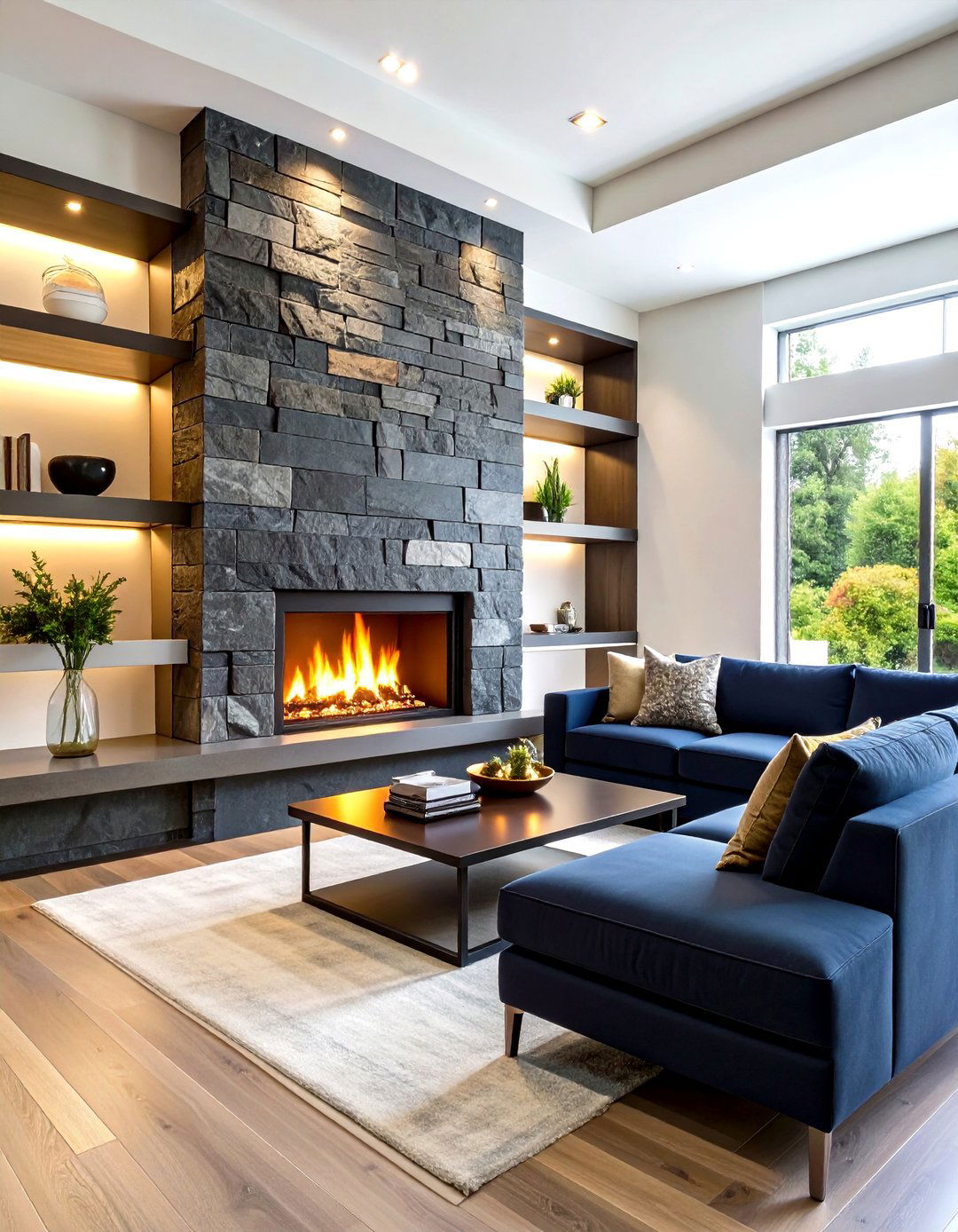 Modern Stacked Slate Fireplace - 30 living room stone fireplace ideas