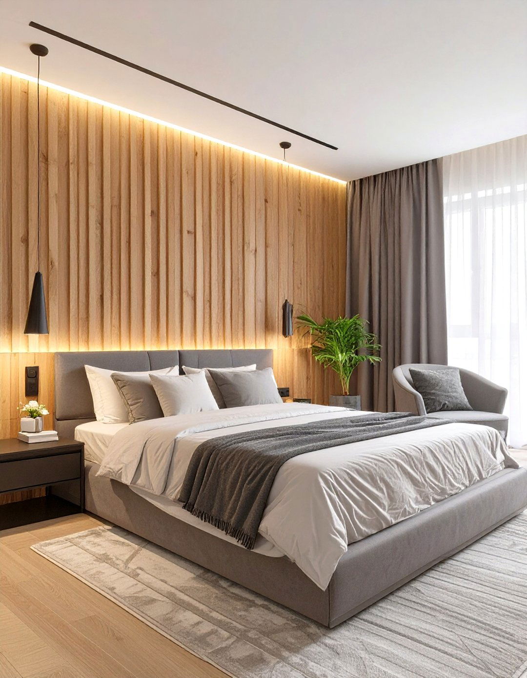 Modern Wood Slat Effect Bedroom - 30 classy bedroom wallpaper designs