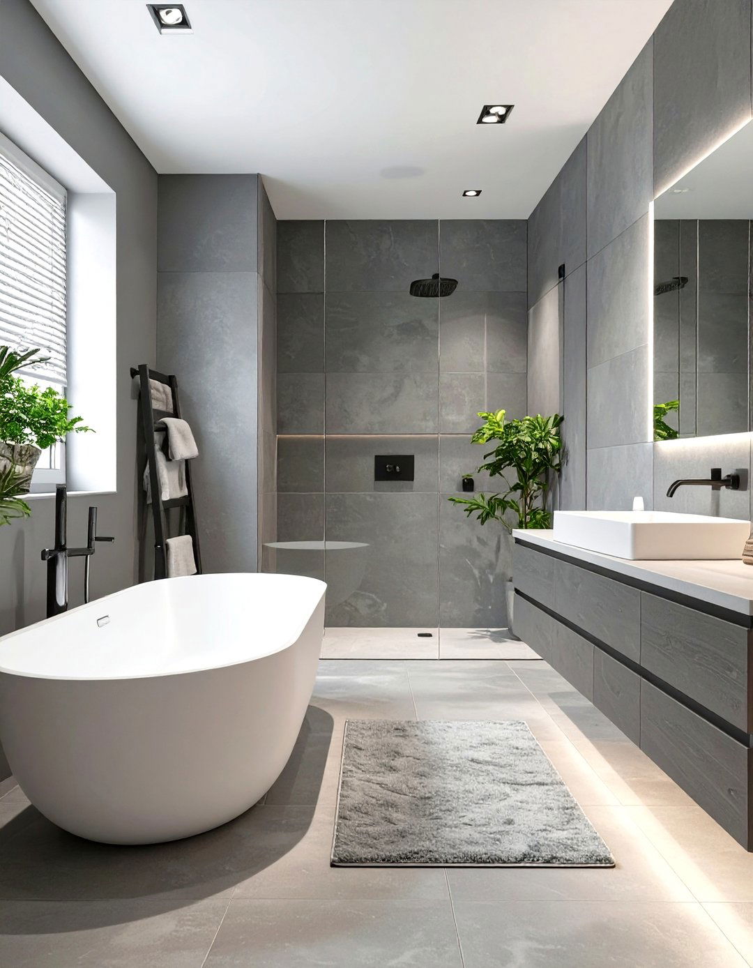 Monochromatic Grey Bathroom with White Fixtures