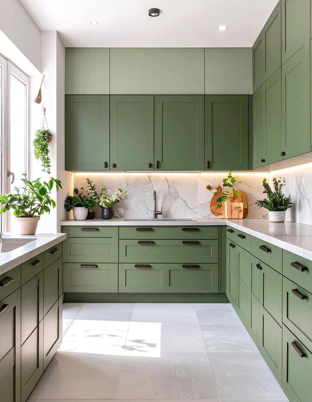 Monochromatic Kitchen with Layered Green Tones - 30 green kitchen cabinets ideas