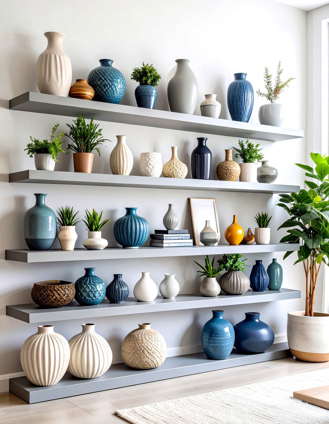 Monochromatic Living Room Shelf Display - 30 living room wall shelf decor ideas