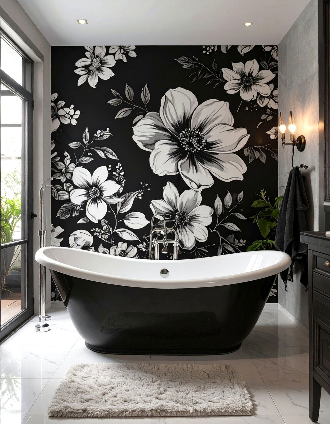 Monochromatic Mural Bathroom - 30 black and white small bathroom ideas