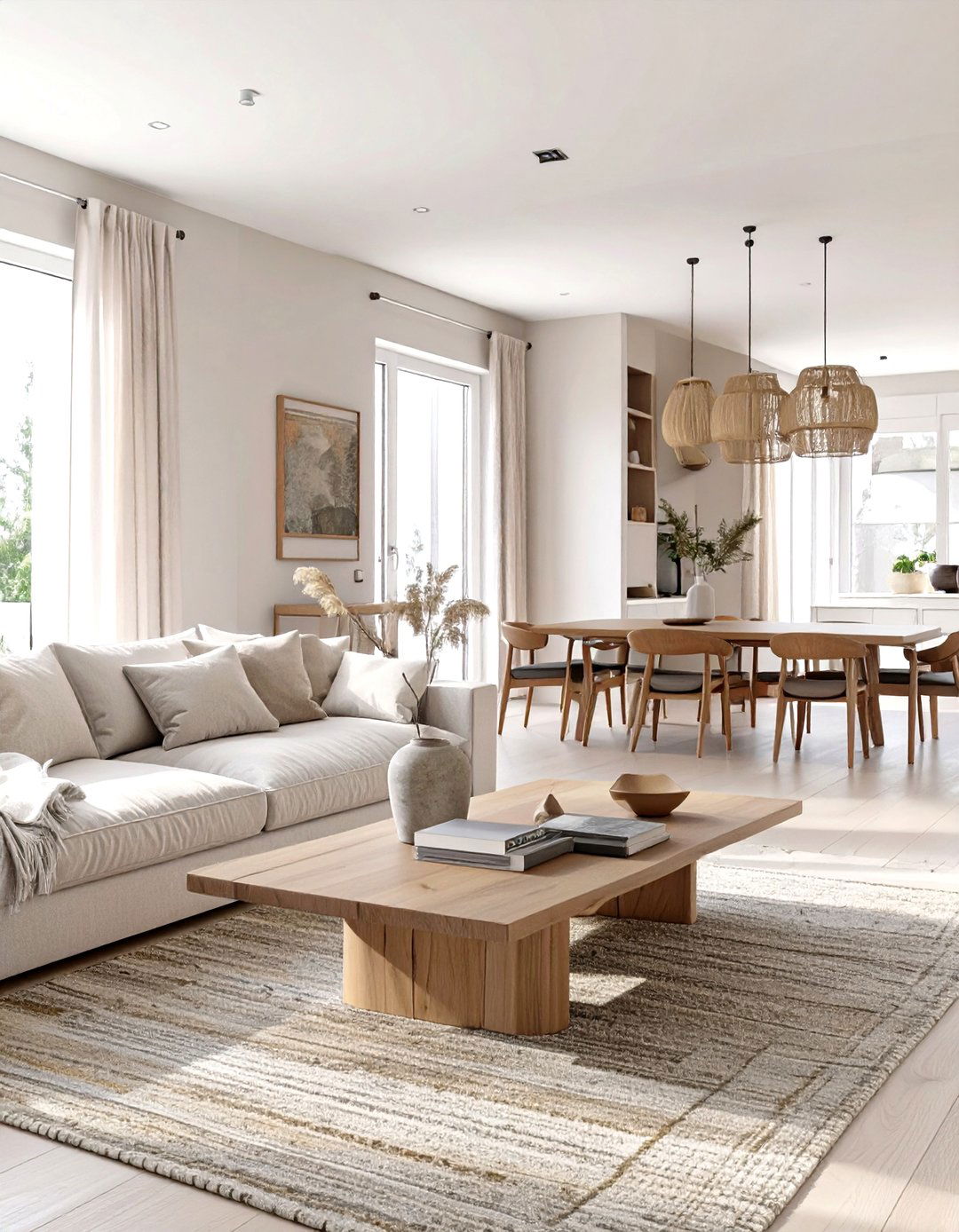 Monochromatic Neutral Living and Dining Room - 30 open concept living room and dining room ideas