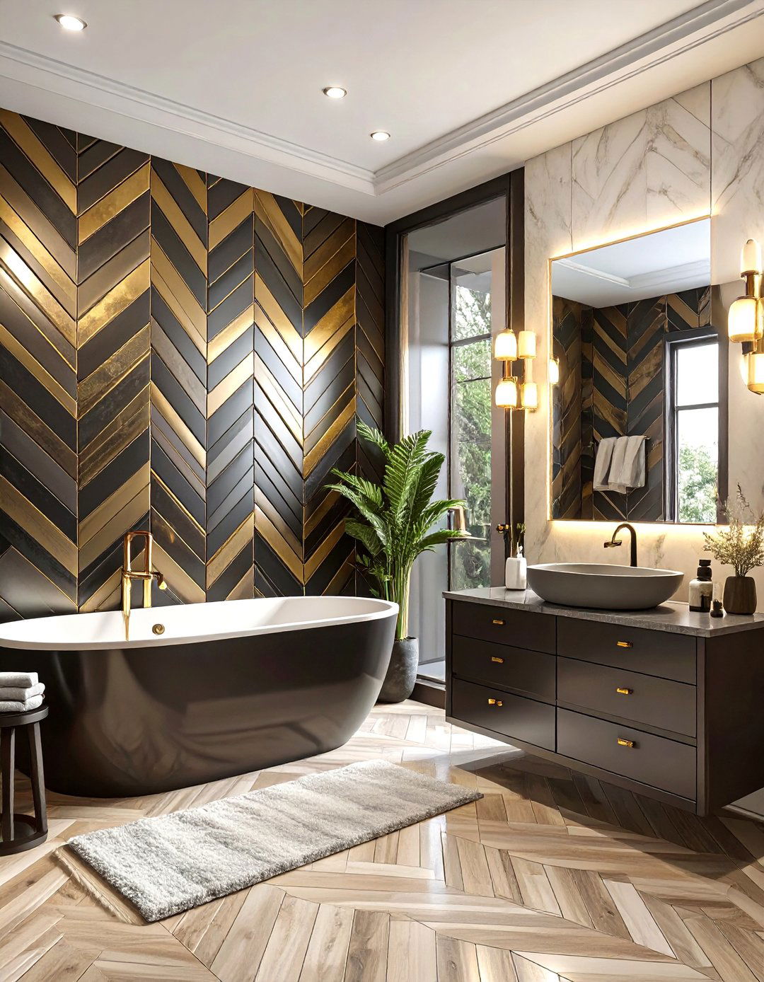 Monochromatic Pattern Bathroom - 30 black and gold bathroom ideas