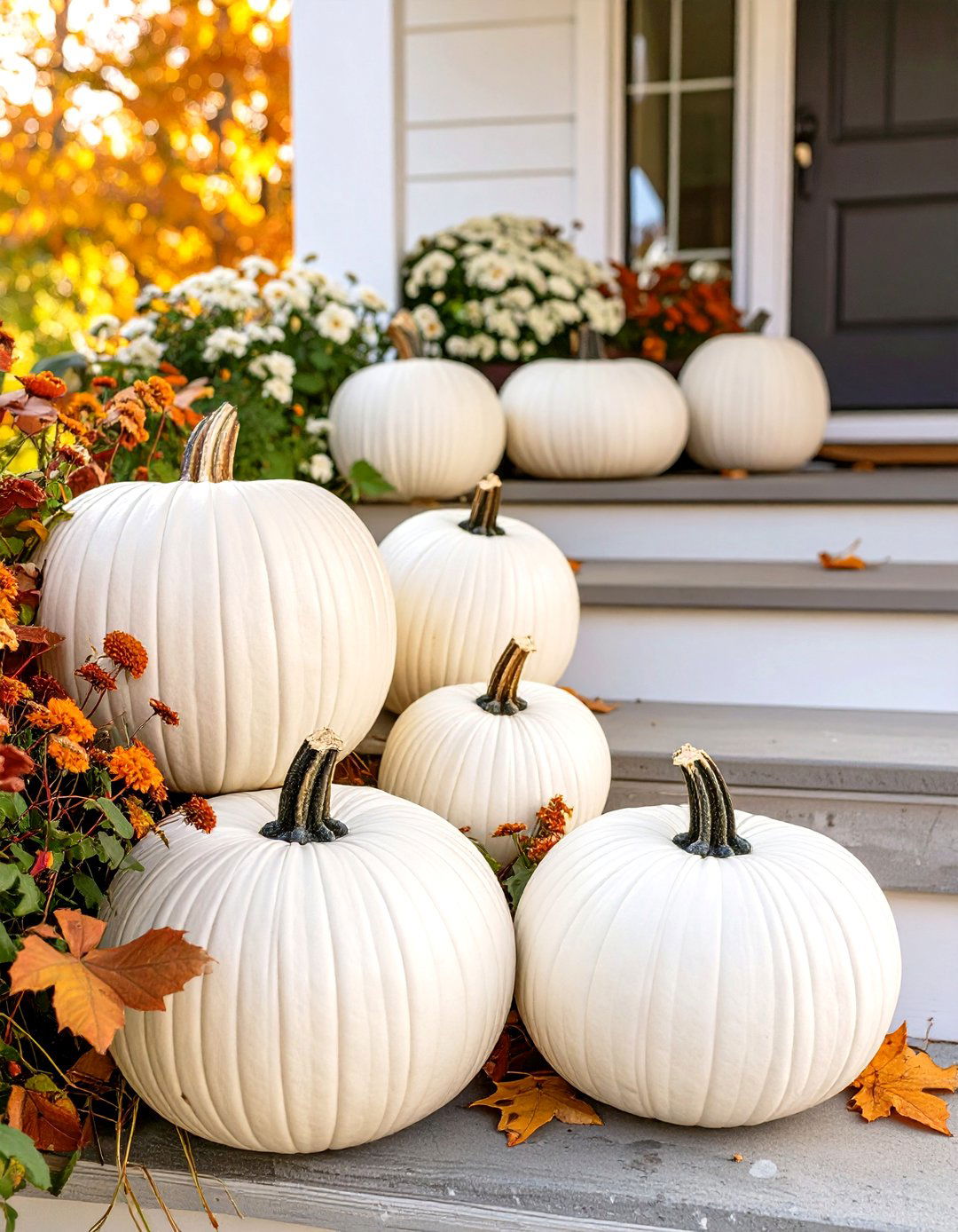 Monochromatic Pumpkin Display - 30 small front porch fall decorating ideas