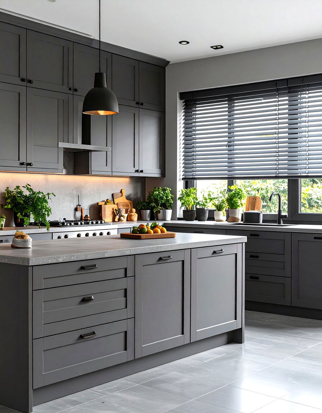 Monochromatic Scheme with Grey Blinds - 30 kitchen blinds ideas