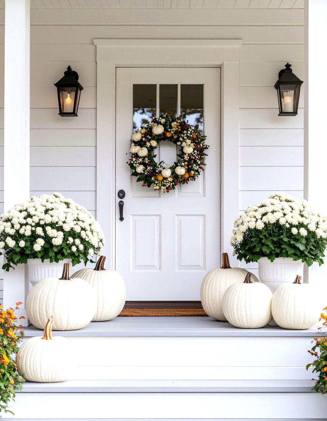 Monochromatic White Fall Porch - 30 fall porch ideas