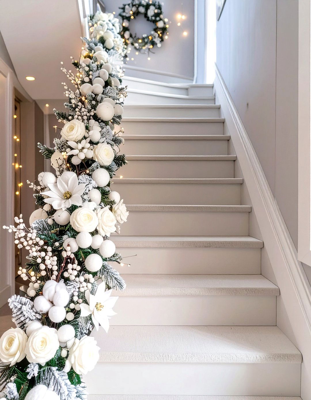 Monochromatic White Garland on Stairs - 30 garland on stairs ideas