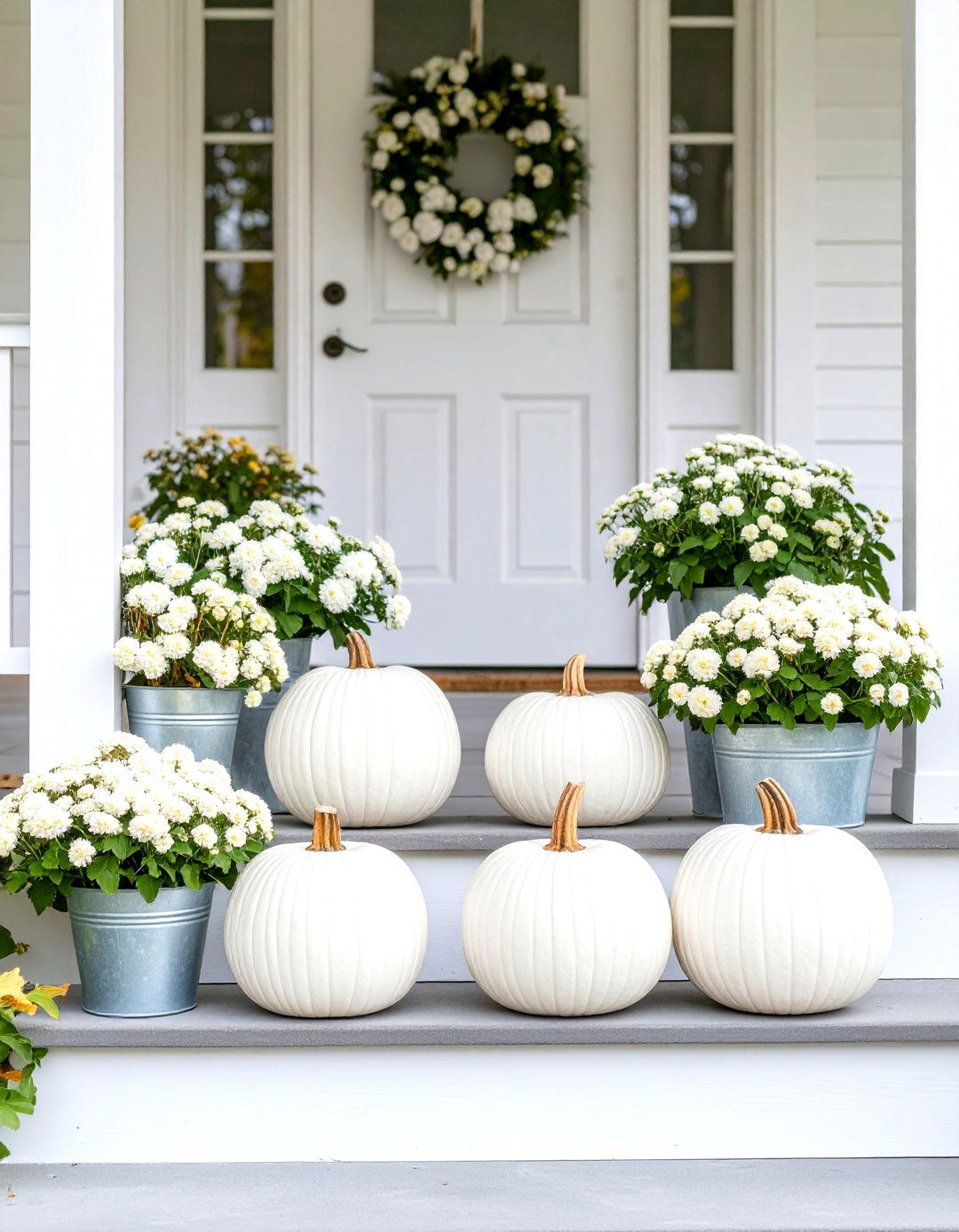 Monochromatic White Pumpkin Display - 30 fall outdoor decorating ideas