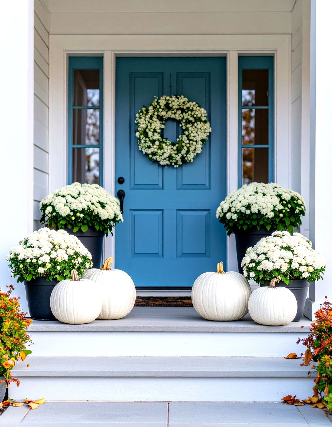 Monochromatic White Pumpkin Display - 30 fall porch decor ideas