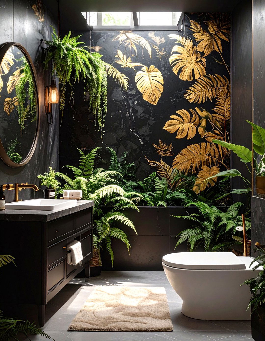 Moody Botanical Bathroom - 30 black and gold bathroom ideas