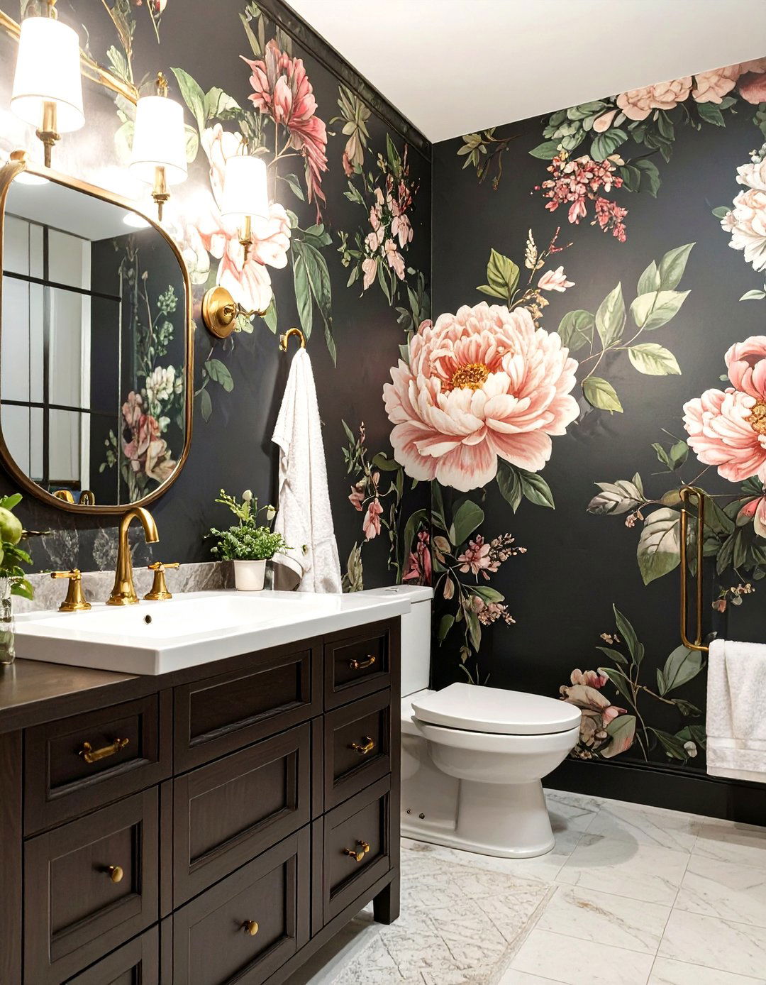 Moody Floral Wallpaper - 30 bathroom wall art ideas