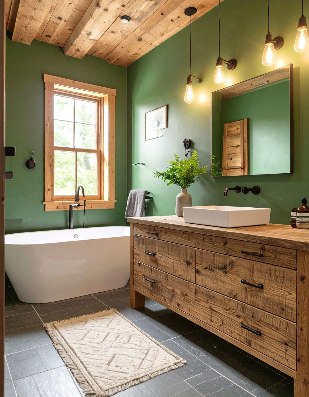 Moody Forest Green and Wood Bathroom - 30 dark green bathroom ideas