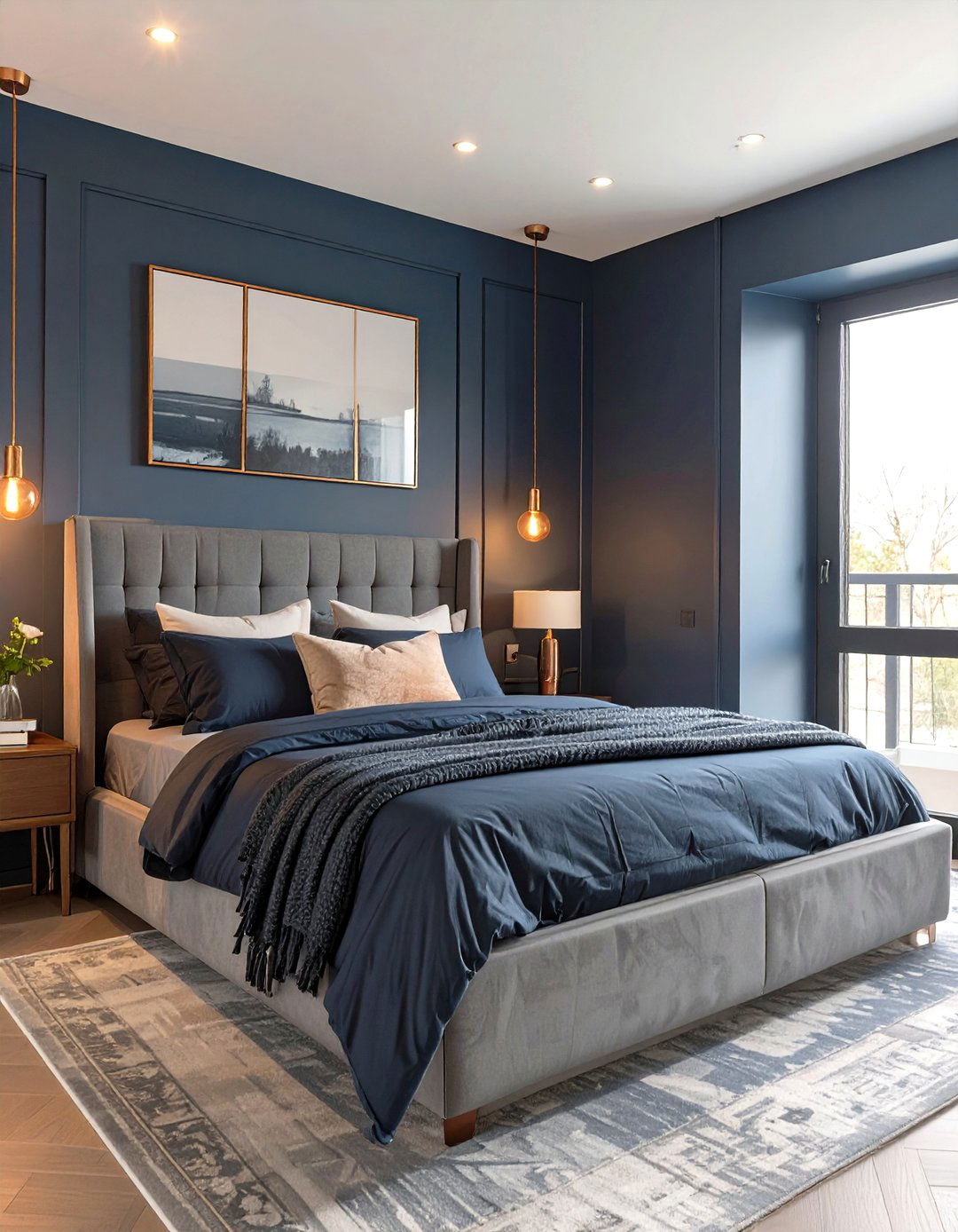 Moody Navy and Charcoal Bedroom - 30 modern navy blue bedroom ideas