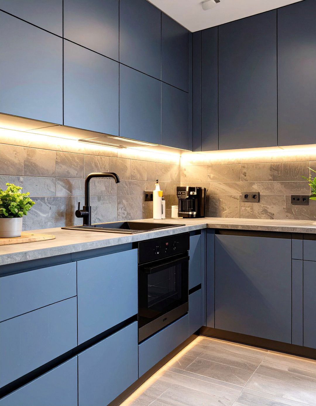 Moody Slate Blue Kitchen with Concrete Countertops - 30 blue kitchen cabinets ideas