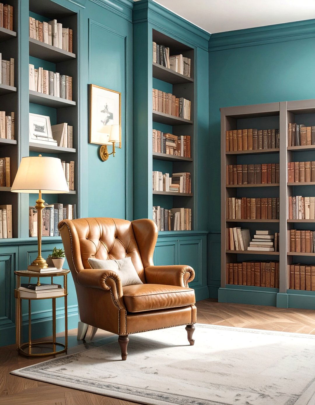 Moody Teal and Dark Wood Basement Library - 30 basement color ideas