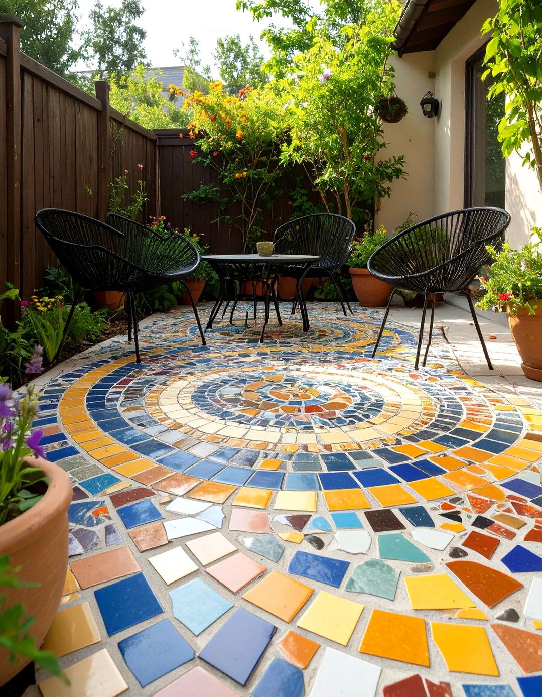 Mosaic Made from Broken Tiles - 30 cheap patio floor ideas
