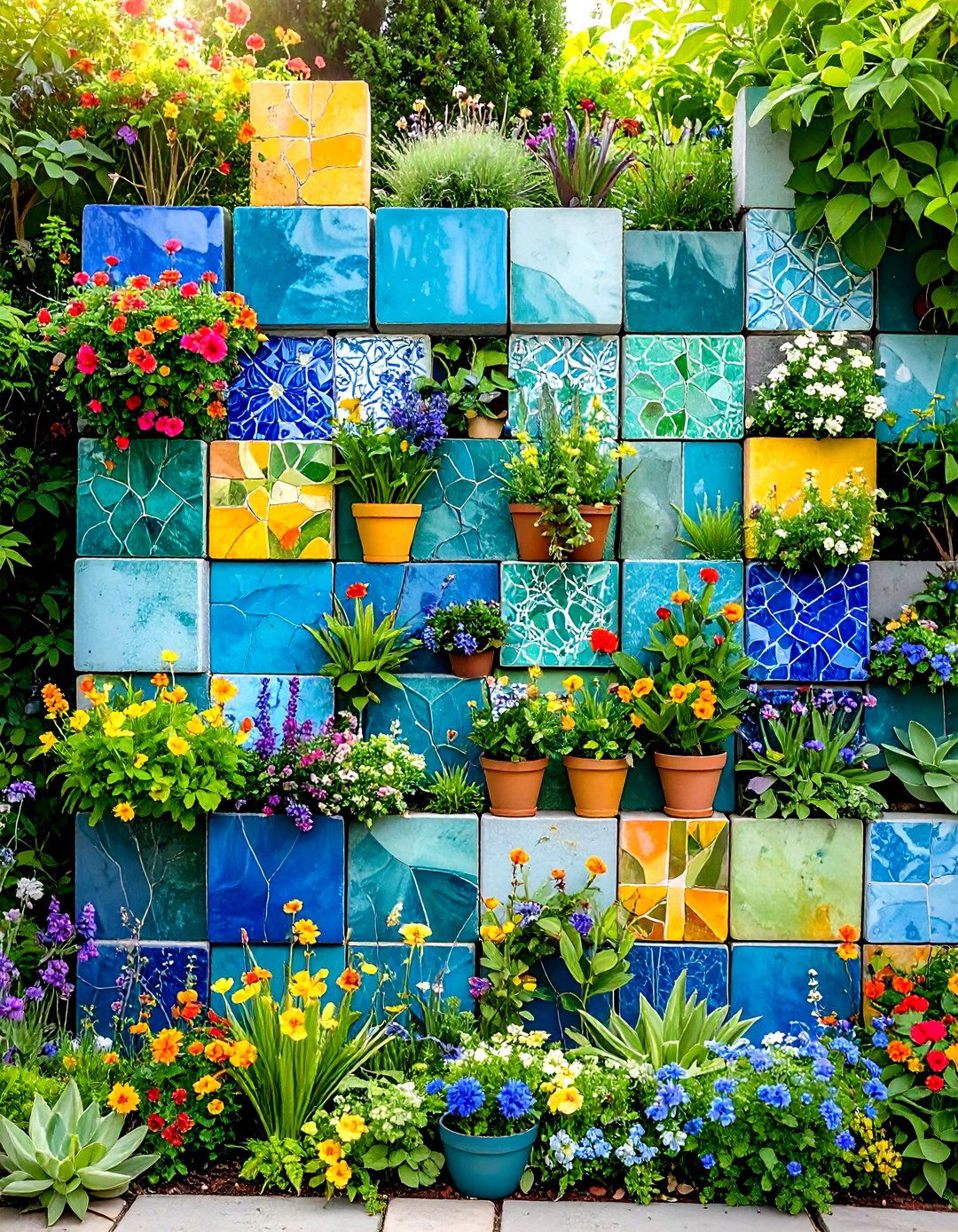 Mosaic Tile Cinder Block Garden Wall - 30 painted cinder block garden ideas