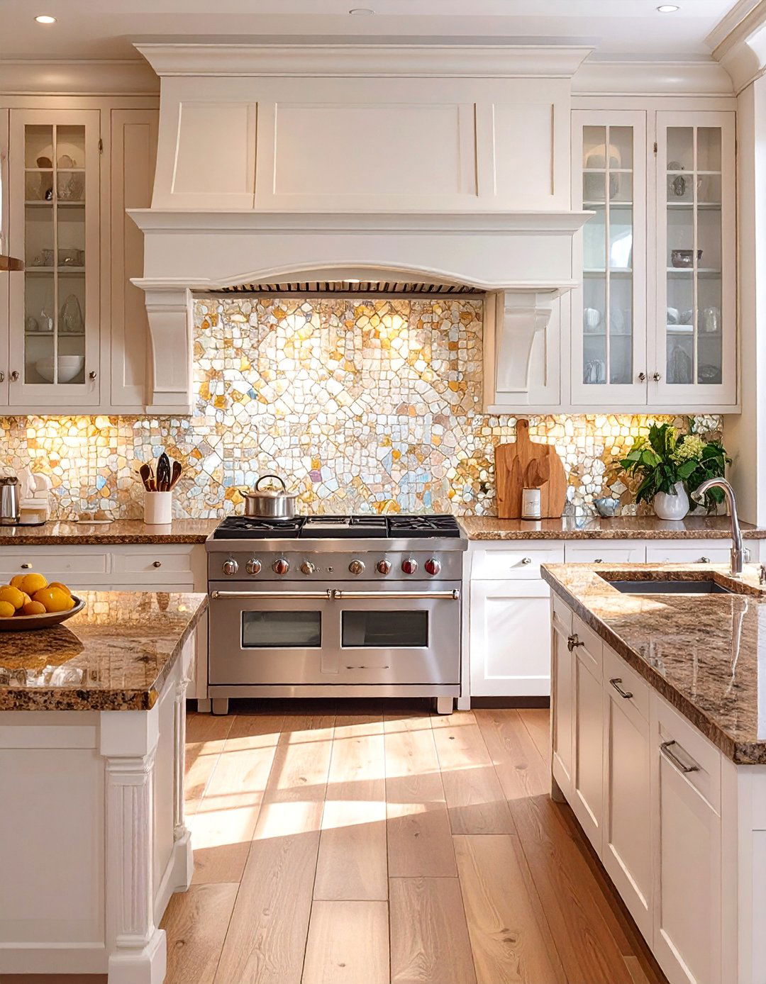 Mother of Pearl Mosaic Backsplash - 30 backsplash ideas for fantasy brown granite countertops