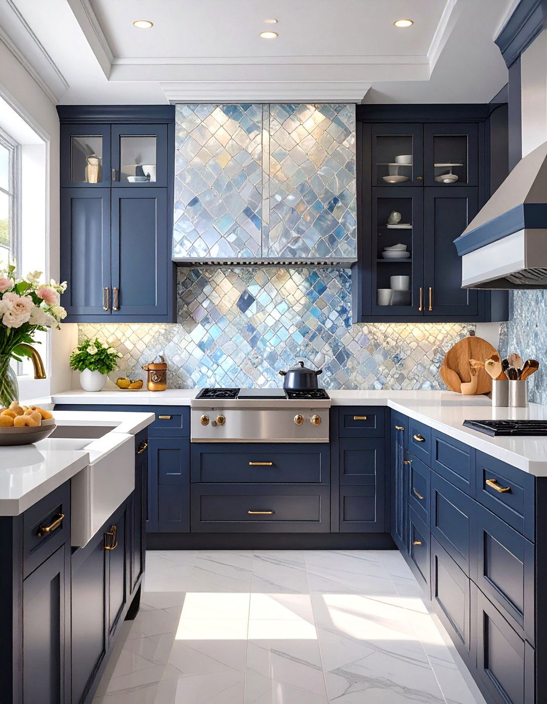 Mother of Pearl Tiles - 30 backsplash ideas for dark cabinets and light countertops